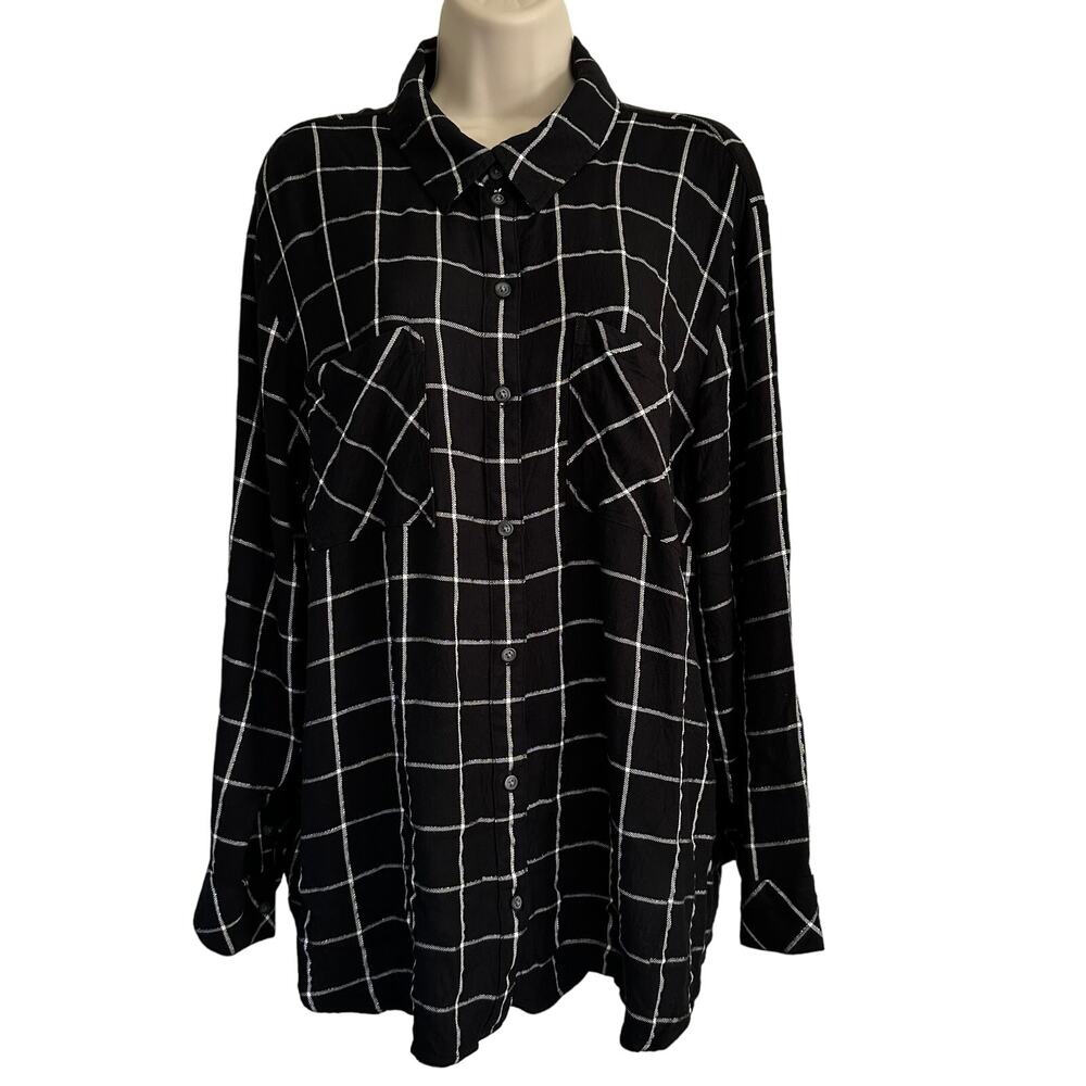 Sanctuary Flannel Shirt Boyfriend Fit Pockets Metallic Check Black Silver Sz 1X
